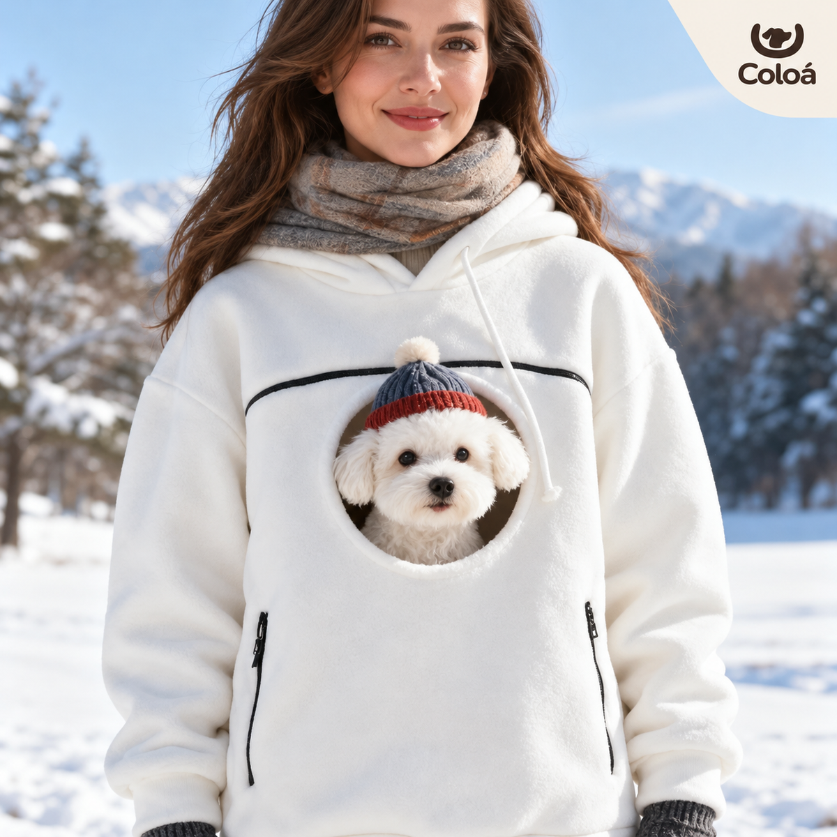 Coloá Abraço branco — modelo adulta usando moletom com pet
