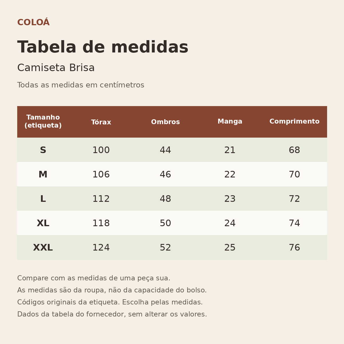 Tabela de medidas em centímetros — Camiseta Brisa
