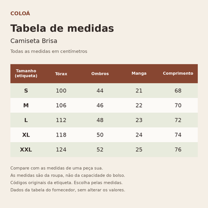 Tabela de medidas em centímetros — Camiseta Brisa