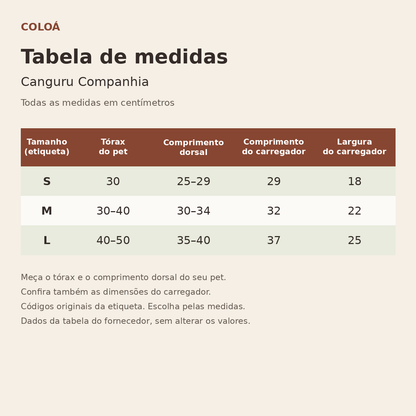 Tabela de medidas em centímetros — Canguru Companhia